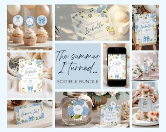 The Summer I Turned 13 Birthday Invitation Bundle, Editable Summer Party, Beach Theme 13th, Coastal Coquette Lemon welcome Sign, gift tags