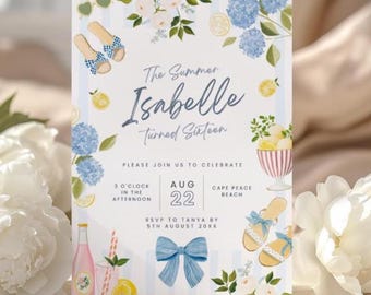 The Summer I Turned 16 Birthday Invitation, Editable Summer Party Invitation, Beach Theme 16th, Coastal Coquette Lemon Floral Teen Girl