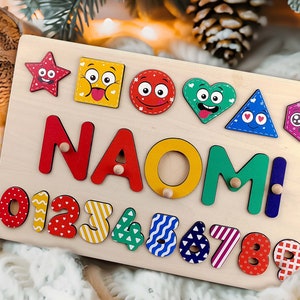 Puzzle z imieniem Drewniana tablica z zabawkami Montessori Spersonalizowany prezent świąteczny dla malucha Prezent na pierwsze urodziny i pierwsze urodziny Prezent na baby shower