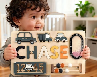 Personalized Name Puzzle, Montessori Wooden Busy Board, Baby Gift
