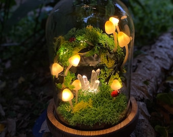Handmade Mushroom Lamp with Ladybugs, Crystal & Mushroom Night Light, Mushroom Wreath, Forest Treasure, Cute Gift Idea, Fairy Table Lights
