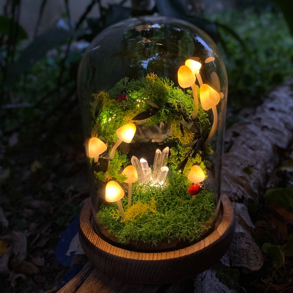 Handmade Mushroom Lamp with Ladybugs, Crystal & Mushroom Night Light, Mushroom Wreath, Forest Treasure, Cute Gift Idea, Fairy Table Lights