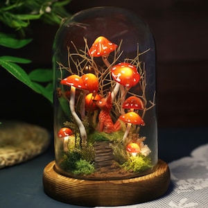 Förtrollande nattlampa med svamp och räv, röd svamp med vita prickar, nyckfull nattlampa med mossa, Cottagecore-dekoration, födelsedagspresenter