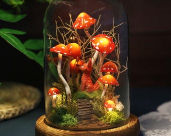 Enchanting Mushroom and Fox Night Light, Red Mushroom with White Dots, Whimsical Night Light with Moss, Cottagecore Decor Birthday Gifts