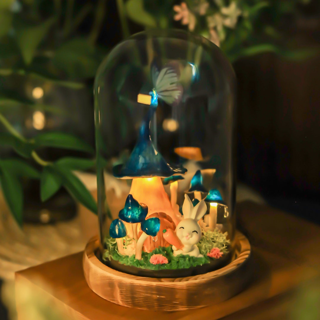 Blue Mushroom Lamp With Cute Rabbit, Mushroom House, Dreamy Blue ...