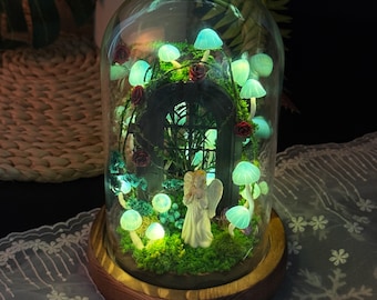 Angel Door Mushroom Lamp, Blue Mushroom Night Light with Praying Angel, Gothic Forest Mushroom Arch, Fantasy Home Decor Enchantment gift