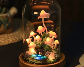 Fantastic Mushroom Lamp with Pool, Moss, Wild Fairyland, Light Pink Mushroom Night Light, Beside lamp, Mushroom Decor, Handmade Gift Lamp