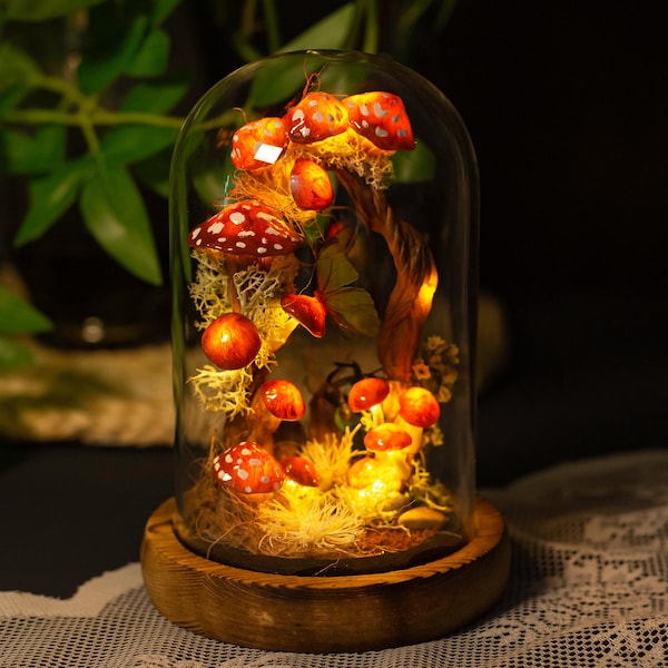 Red Mushroom Lamp with White Dots, Enchanted Mushroom Night Light with Tree Arch & Butterfly, Fairyland, Natural Home Decor Birthday Gifts