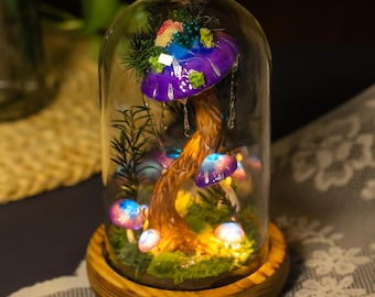 Lampada a forma di fungo viola e blu, incantevole luce notturna a forma di fungo della foresta con goccia d'acqua, fungo in crescita, decorazione naturale per fate, regalo di compleanno