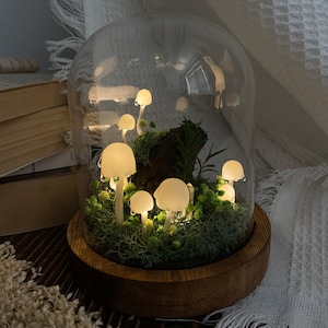 Handmade Mushroom Forest Night Light White Mushroom on Tree Stump Magic Mushroom Lamp with Water Droplets, Crystal Light Unique Decor Gift