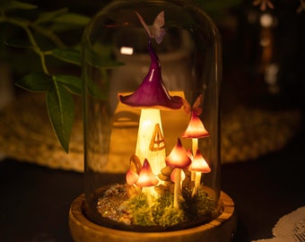 Mysterious Purple Mushroom Lamp, Mushroom House, Butterfly, Handmade Mushroom Night Light with Witch Hat Fairy Lamp Home Decor Birthday Gift