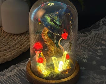 Magic Forest Library Night Light, Enchanted Wizard Hat Mushroom Lamp with Crystal & Aged Book, Fantasy Decor Gif for Dark Academia Lovers