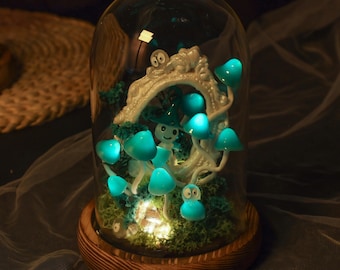 Teal Mushroom Lamp, Enchanted Mushroom Night Light with Elf & Magic Window, Crystal Light, Magic Forest Whispers, Home Decor, Birthday Gifts