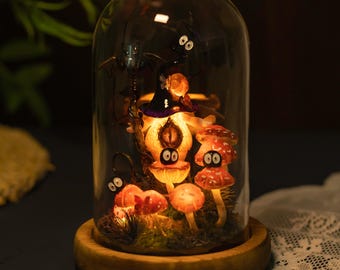 Mysterious Mushroom Lamp- Magic Elf holding Bat Scepter, Dust Elf, Red Mushroom with White Dots, Halloween Mushroom Night, Halloween Gifts