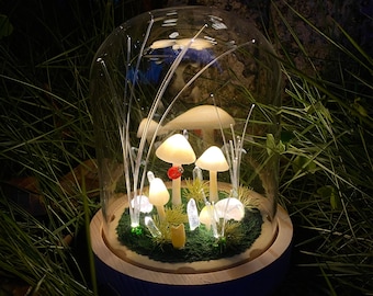 Magic Mushroom Night Light, Cute Mushroom Lamp with Crystal Light, Ladybug, Fiber Optic and Little Cat, Fairy Lamp Room Decor Gift Lights