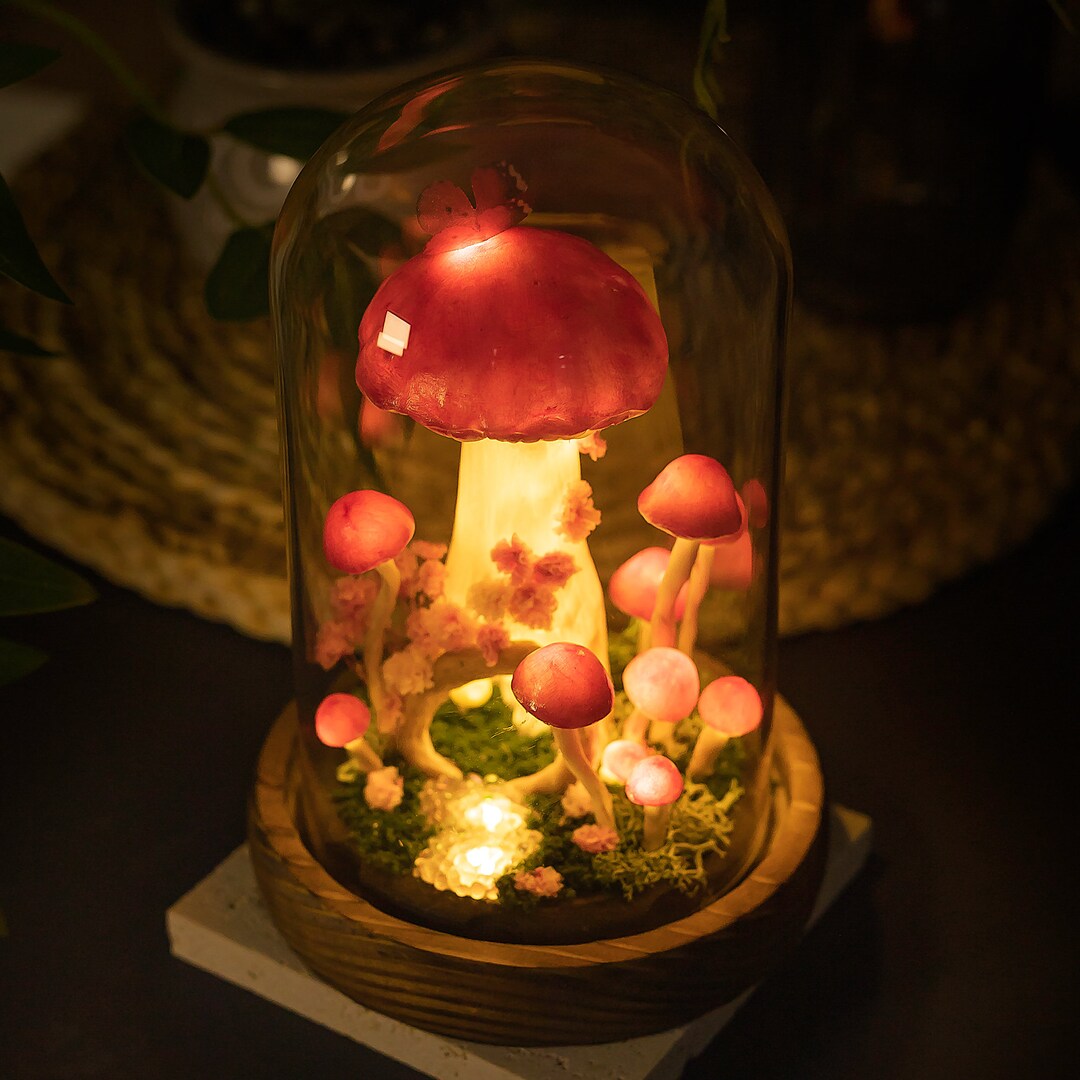 Red Mushroom Night Light With Rabbits in the House, Mushroom Lamp With ...