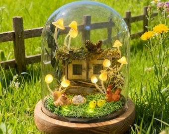 Whimsical Cottagecore Mushroom Night Light with Chicken Family & Coop, Cozy Mushroom Lamp, Farmhouse Table Decor