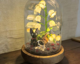 Fairy Lily of the Valley Night Light with Black Cat & Custom dog, Fairy Lilies Flower Lights, Mushroom Lamp with Rose decor, Pet Lover Gifts