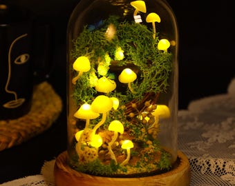 Lámpara de corona de setas de color amarillo verdoso, luz nocturna de setas del bosque de hadas con mariposa, lámpara acogedora, decoración de bosque hecha a mano, regalo para amantes de las setas