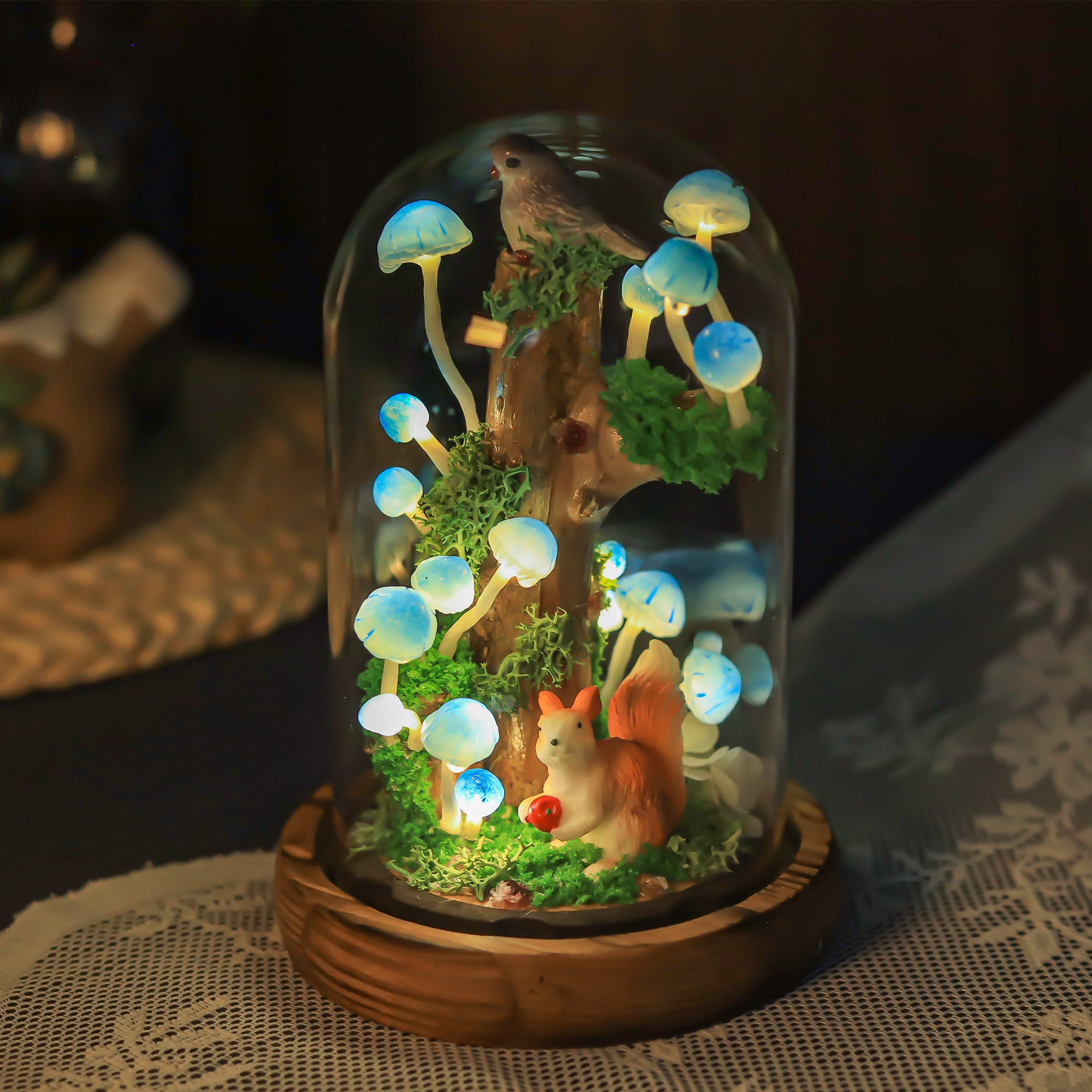 Sky Blue Mushroom Lamp on Tree Stump, Mushroom Night Light with Squirrel, bird, Moss, Enchanted Forest Mushroom Lights, Cottage Unique Gifts