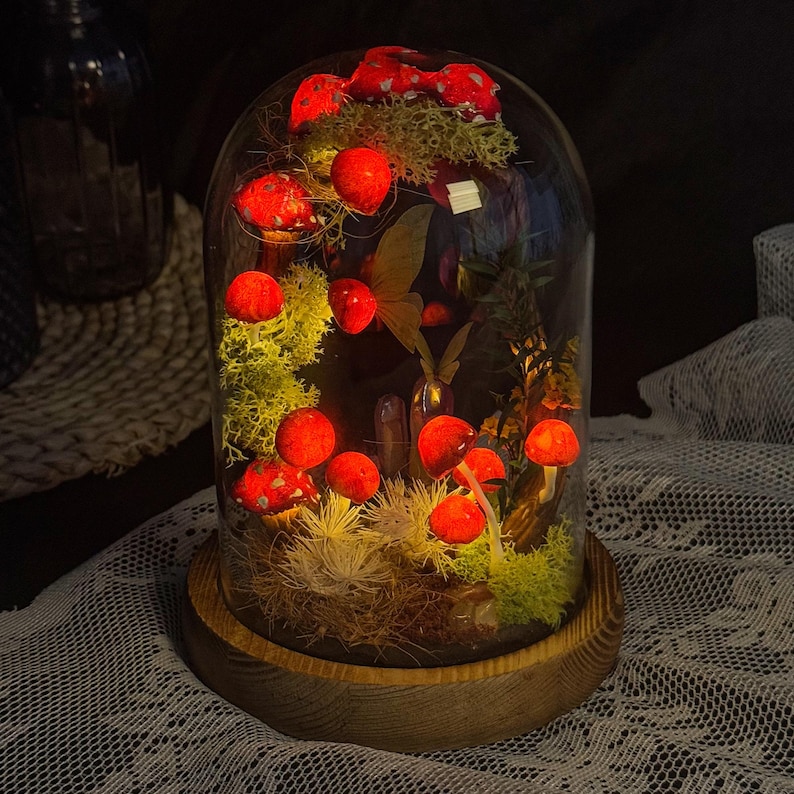 Red Mushroom Lamp with White Dots, Enchanted Mushroom Night Light with Tree Arch & Butterfly, Fairyland, Natural Home Decor Birthday Gifts Bigger Size