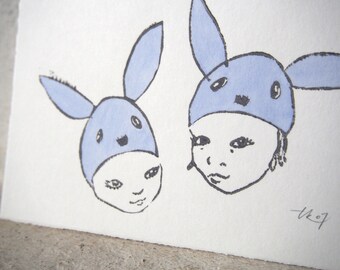 Hey Bunnies / blau / Original Miniprint 10x15cm/A6