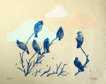 bluebird clouds - original linocut print - limited edition of 30 - 21,5x26 cm