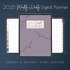 Håll det enkelt 2025 digital planerare | Månads-/veckokalender | iPad/Android | Goodnotes/Notability | Plum Vine-tema | Sön/Mån Start