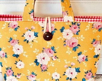 Handmade Floral Book Tote – Padded Cotton Bag with Button Closure