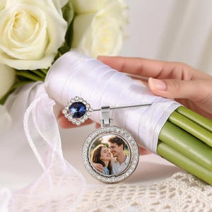 Custom Photo Wedding Keepsake with Blue Gem Pin, Bridal Bouquet Memorial Charm,Memory Pin for Bride or Groom, Always With You Locket Gift