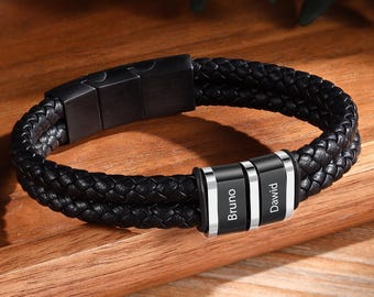 Personalized Men's Braid Leather Bracelet, Custom Kid's Names Bracelet for Dad,Mens Leather Jewelry,Gifts for Husband,Gift for Father,Dad