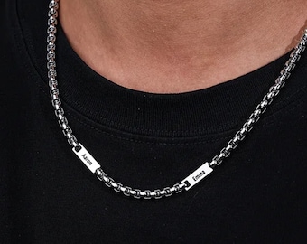 Personalized Men&#39;s Necklace, Custom Engraved Stainless Steel Chain with Kids Names,Anniversary  Day Gift,Men Husband Jewelry,Christmas  Gift