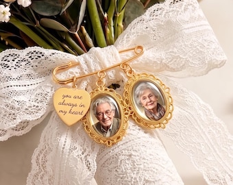 Custom Wedding Bouquet Photo Charm | Gold Memorial Picture Pin | Walk Down the Aisle Remembrance Keepsake |  Bridal Groom  Memorial Brooch