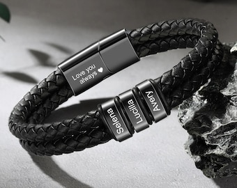 Personalized Men's Braid Leather Bracelet, Custom Kid's Names Bracelet for Dad,Mens Leather Jewelry,Gifts for Husband,Gift for Father,Dad