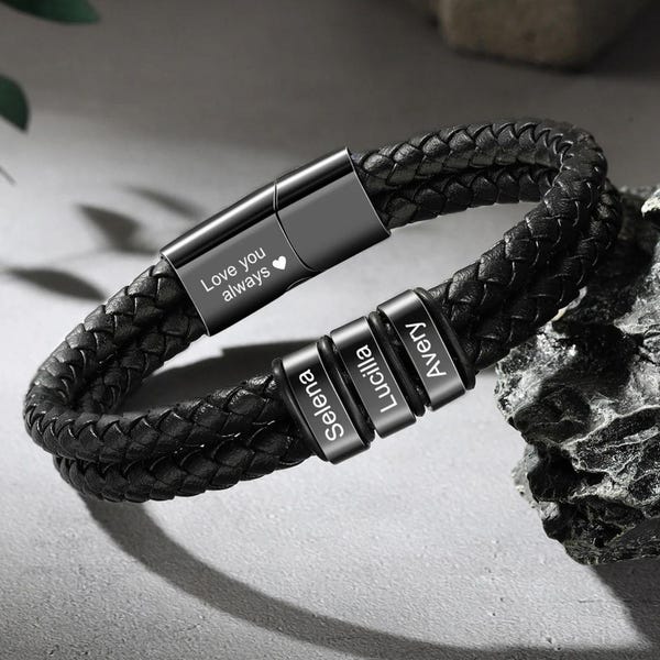 Personalized Men's Braid 7-9 inch Leather Bracelet,Custom Kid's Names Beads for Dad,Men's Jewelry, Husband's Gifts,Grandad Father's Day Gift