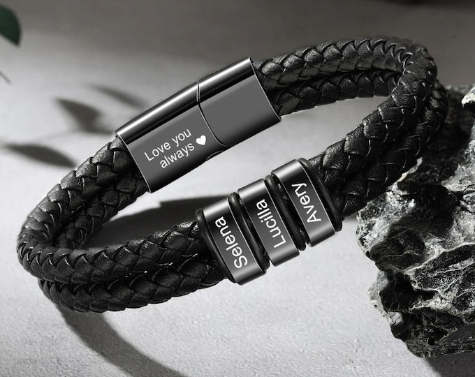 Personalized Men's Braid 7-9 inch Leather Bracelet,Custom Kid's Names Beads for Dad,Men's Jewelry, Husband's Gifts,Grandad Father's Day Gift