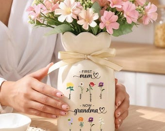 Personalized First Mom Now Grandma Birth Flower Vase, Custom Flower Keepsake With Name Vase, Unique Gift for Mother/Nana/Nanny/Grandma