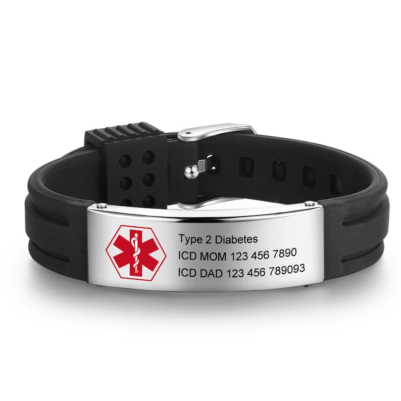 Waterproof Sport Medical Alert Bracelet,New Silicone Medical Bracelet,Name ID Adjustable Bracelet, Health Emergency Bracelet for Men & Women Black&Silver