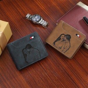 Cartera con foto personalizada para hombre para papá, Cartera con imagen grabada, Cartera de cuero PU, Regalo de recuerdo, Regalo del día del padre, Regalo de aniversario para marido
