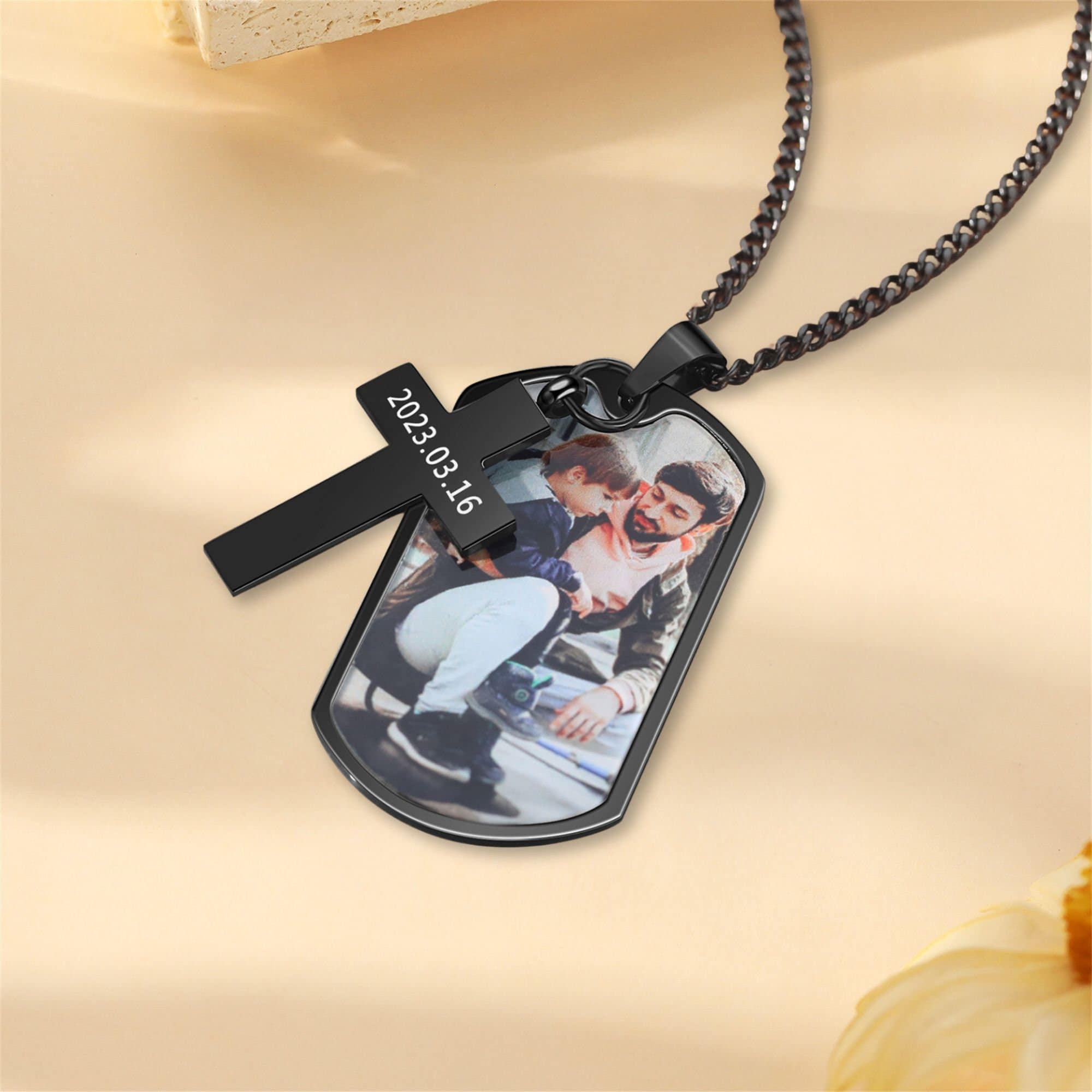 Custom Photo Necklace with Cross Pendant,Photo With Text Necklace For Him,Men Memorial Gift,Dog Tag Necklace,Remembrance Gift For Men