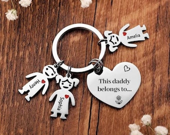 Custom 1-5 Names Keychain Set for Dad , "This Daddy belongs to..." Kids Charm Keyring Gifts for Him,Husband,Father's Day Gift Idea For Daddy