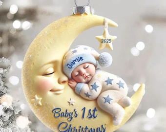 Personalisiertes Baby auf Mond Baby Erstes Weihnachtsgeschenk personalisierte 2D Acryl Ornament.Mond Acryl Andenken, Weihnachtsgeschenk 2025 für Neugeborene