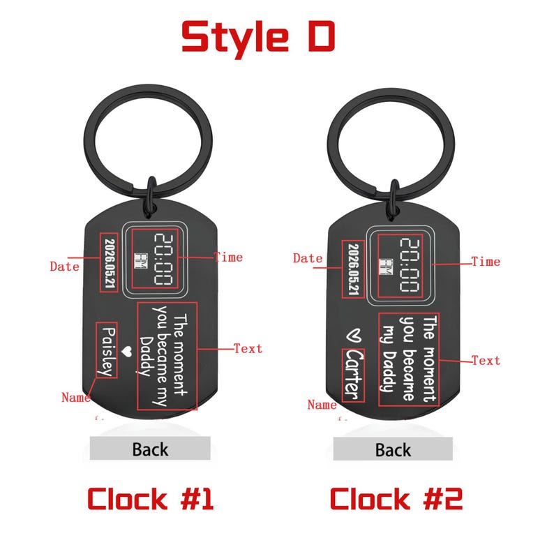 May include: Black metal keychains with a circular ring and a rectangular tag. The tags display a date, time, and the text "The moment you became my Daddy." One keychain has the name "Paisley," the other "Carter."