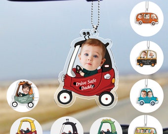 Percha de acrílico personalizada para coche, "Conduce con cuidado, papá" con foto de bebé de 1 a 5 años, colgante de acrílico para coche, decoración para coche, regalo para papá, regalo para papá primerizo, primer día del padre