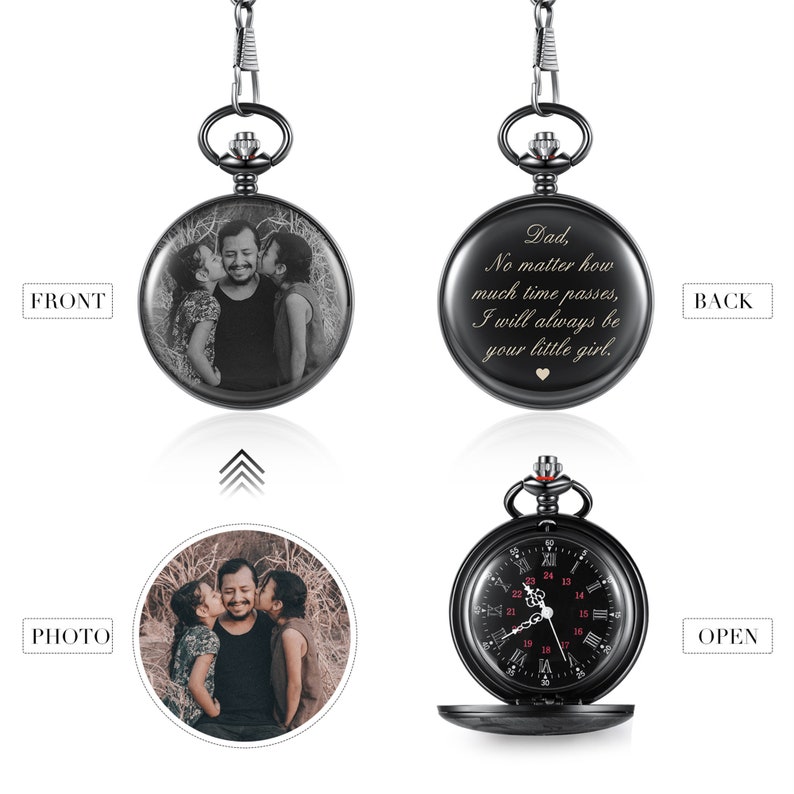 May include: Black pocket watch with a photo on the front and an engraved message on the back. The message reads "Dad, No matter how much time passes, I will always be your little girl."