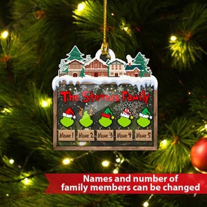 Décoration personnalisée Grinch avec noms, cadeau familial personnalisé pour le Nouvel An, décoration de Noël famille 2024, boule d'arbre généalogique, cadeau signe de famille