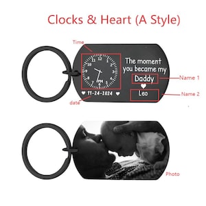 May include: Black keychain with a clock face design and the text "The moment you became my Daddy" and the name "Leo". The bottom of the keychain features a black and white photo.