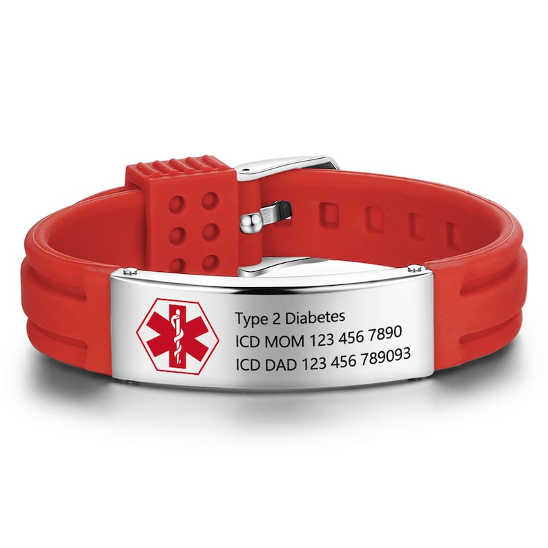 Waterproof Sport Medical Alert Bracelet,New Silicone Medical Bracelet,Name ID Adjustable Bracelet, Health Emergency Bracelet for Men & Women Red