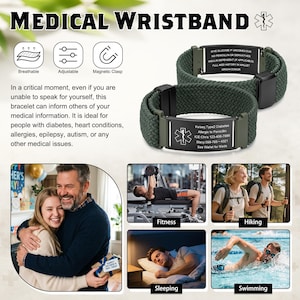 May include: A dark green braided medical wristband featuring a black metal plate with a white Star of Life symbol and engraved medical information. The bracelet includes a magnetic clasp, adjustable design, and breathable material for daily wear.