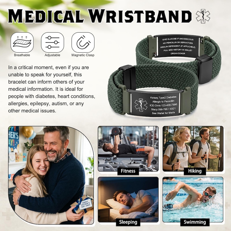 May include: A dark green braided medical wristband featuring a black metal plate with a white Star of Life symbol and engraved medical information. The bracelet includes a magnetic clasp, adjustable design, and breathable material for daily wear.
